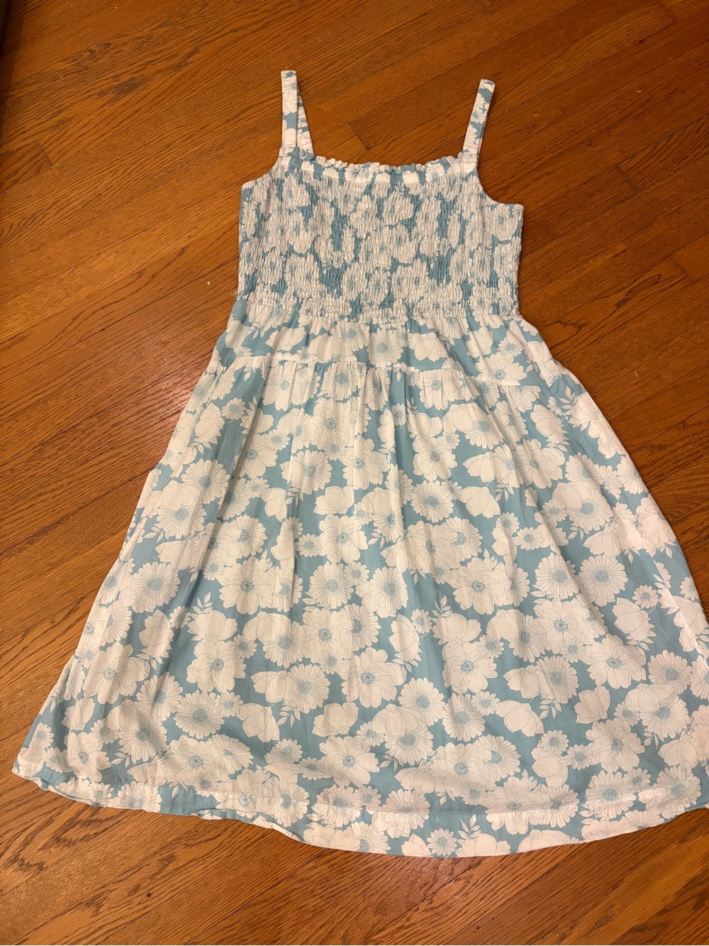Smocked Floral Midi Sundress in Light Blue & White